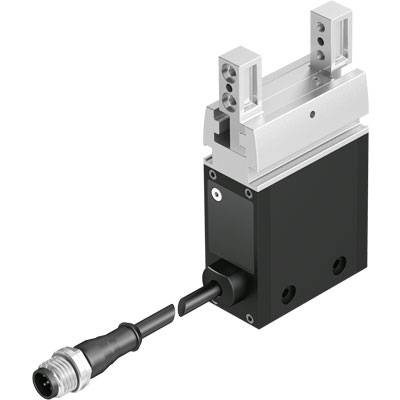 An electrical gripper with cable connection. The device has a black base and silver gripping arms that are vertically aligned.
