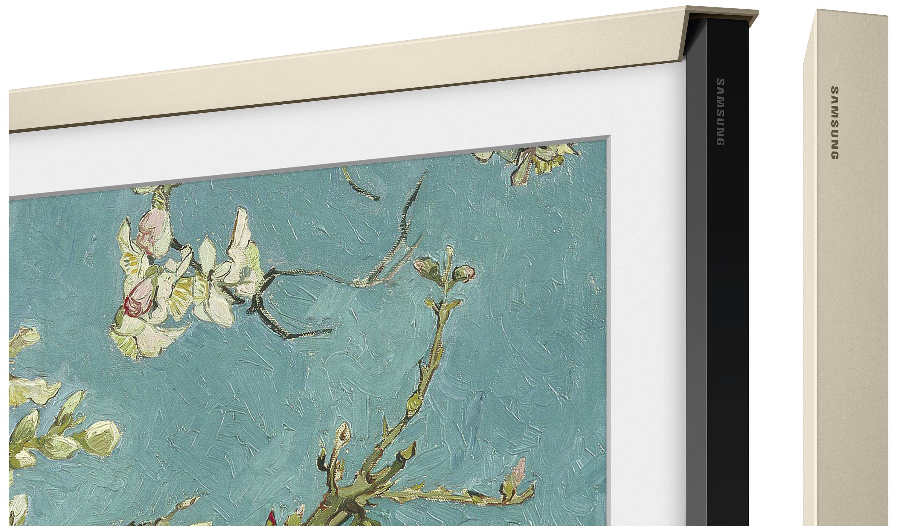 A painting depicting flowering branches on a blue background is surrounded by a decorative frame shown in black and beige.