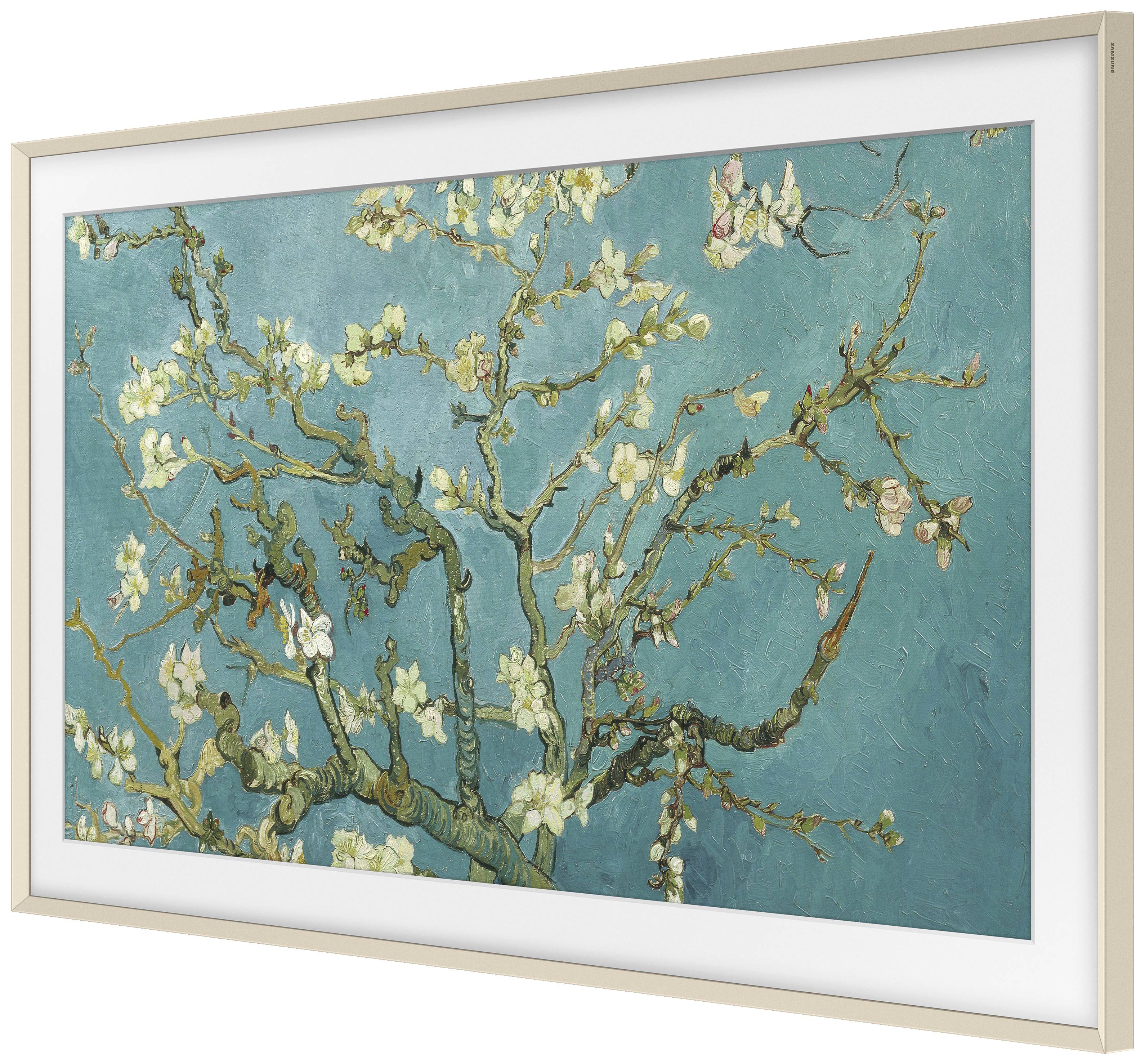 A painting of flowering almond tree branches against a blue background, with delicate white blossoms and graceful, curving branches.