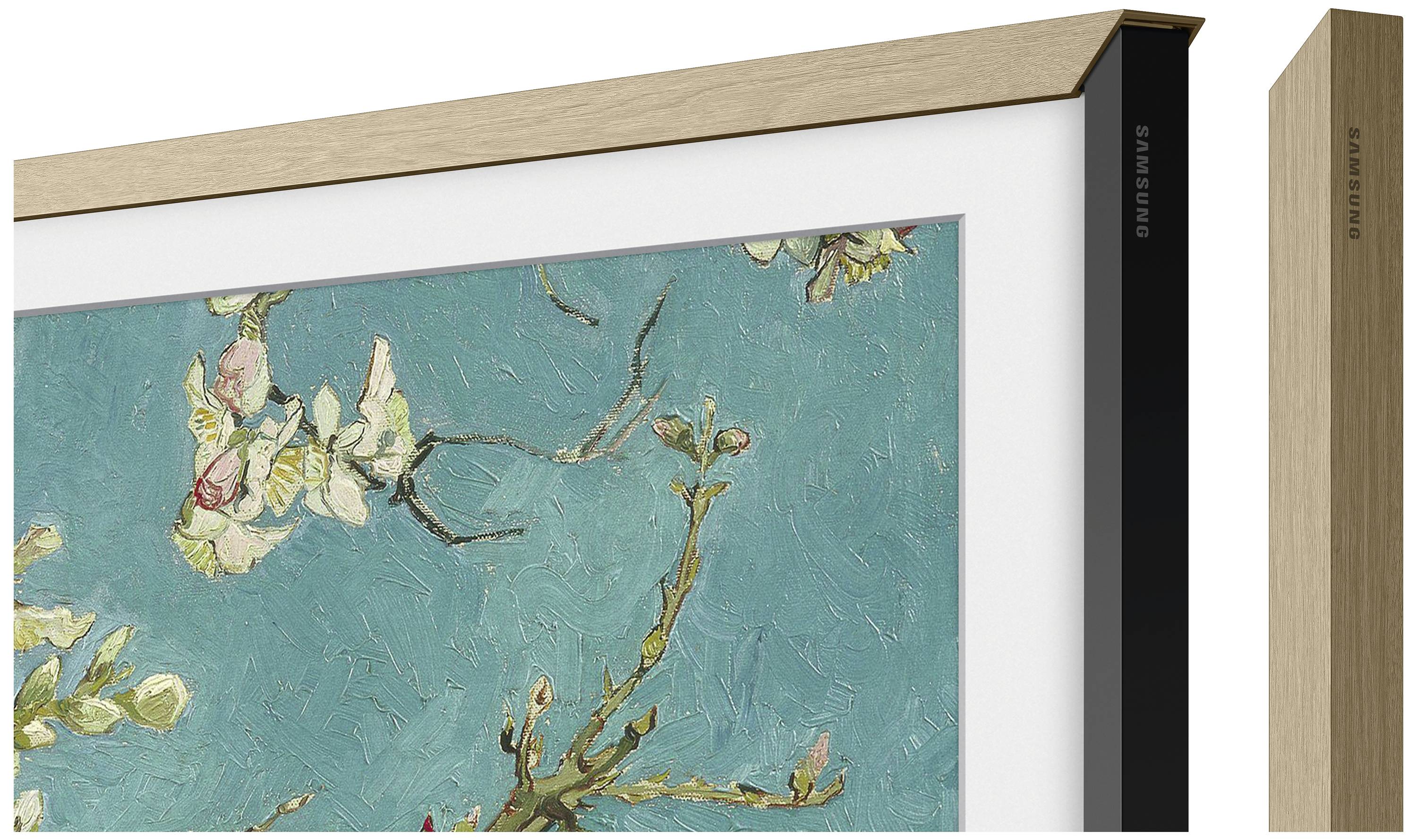 Close-up of a painting depicting flowering branches against a blue background. The frame is made of wood.