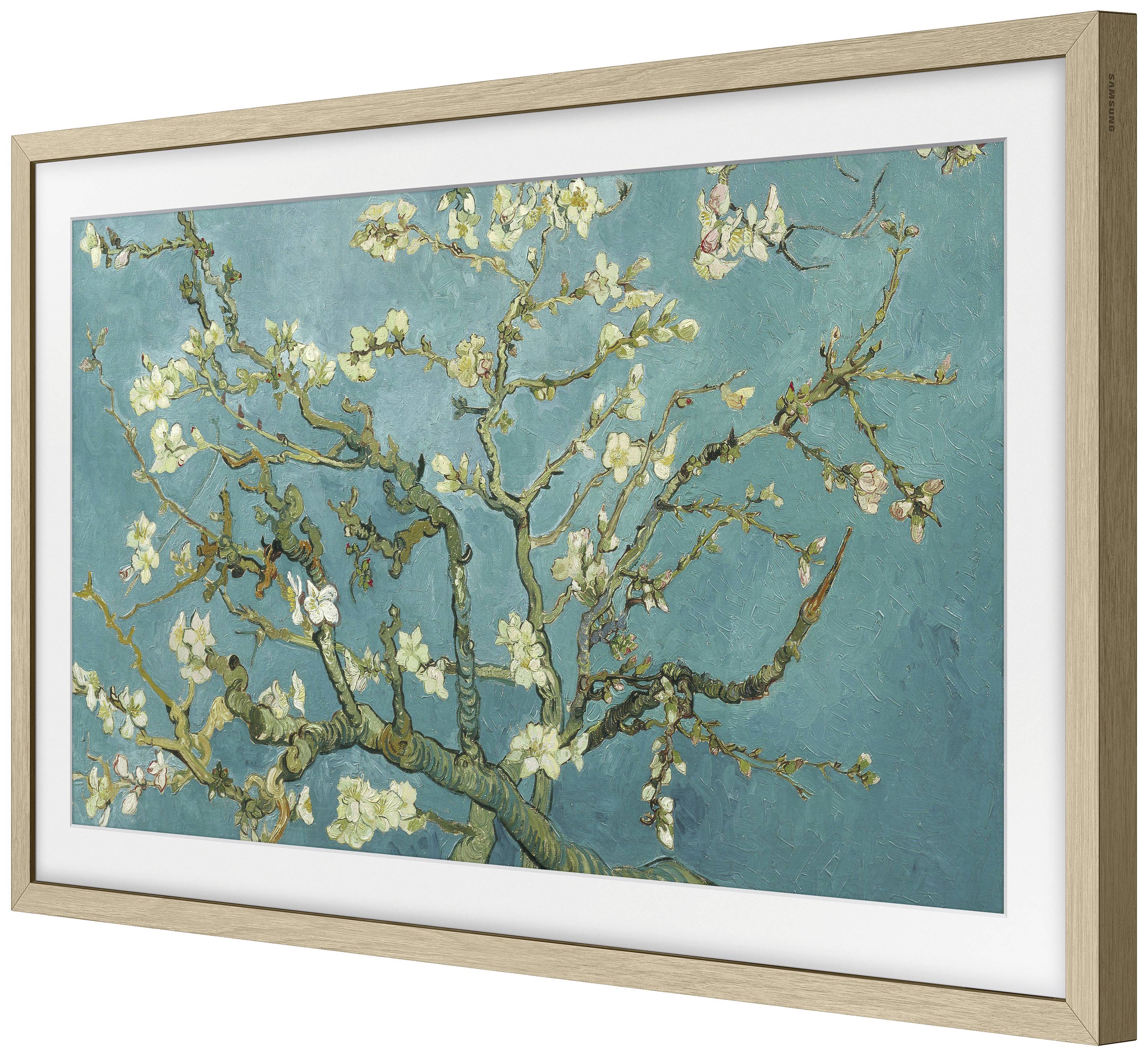 Painting of almond tree branches in blossom against a blue-green background.