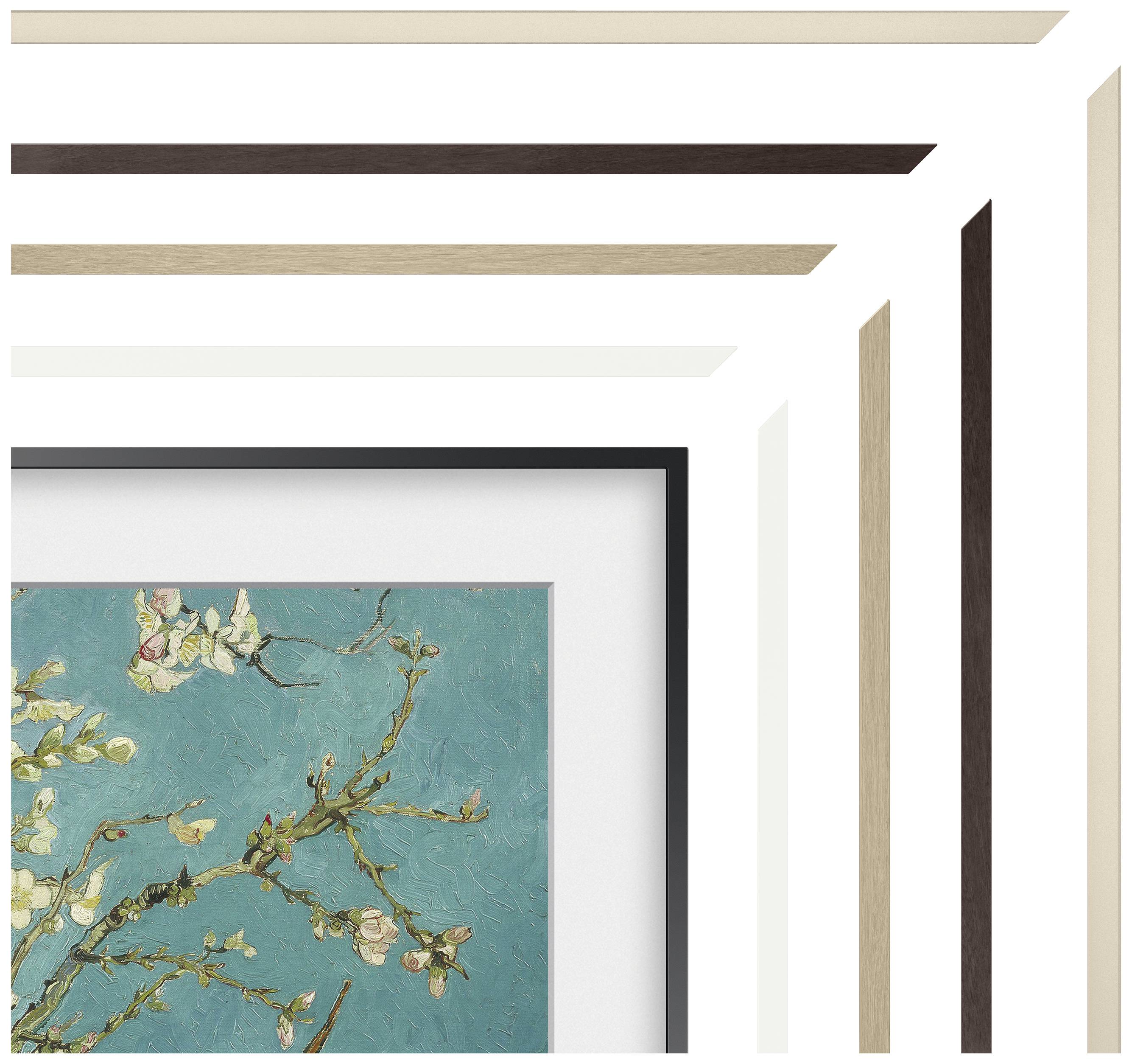 Frame patterns in various colours and materials, arranged around a painted section with flowering branches on a light blue background.