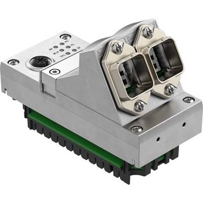 Metal electrical component with two plug connectors, rectangular design, suitable for industrial applications and wiring systems.