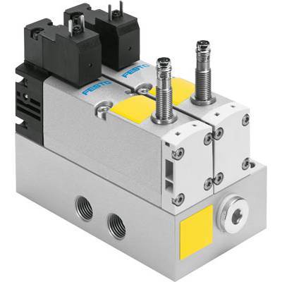 Industrial Component: A double-acting pneumatic valve with two pressure connections and yellow-marked components mounted on a metal base.