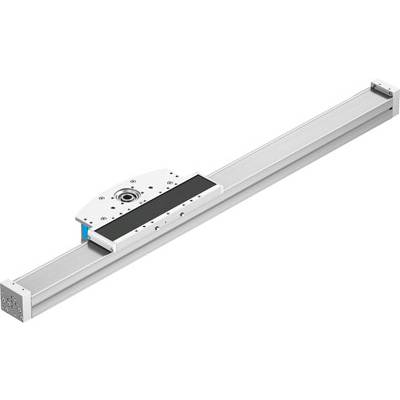 Linear module with carriage on rail, commonly used in automation. Silver-coloured, suitable for precise movements.