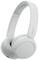 White wireless headphones by Sony. They have a sleek design with padded ear cups and an adjustable headband.