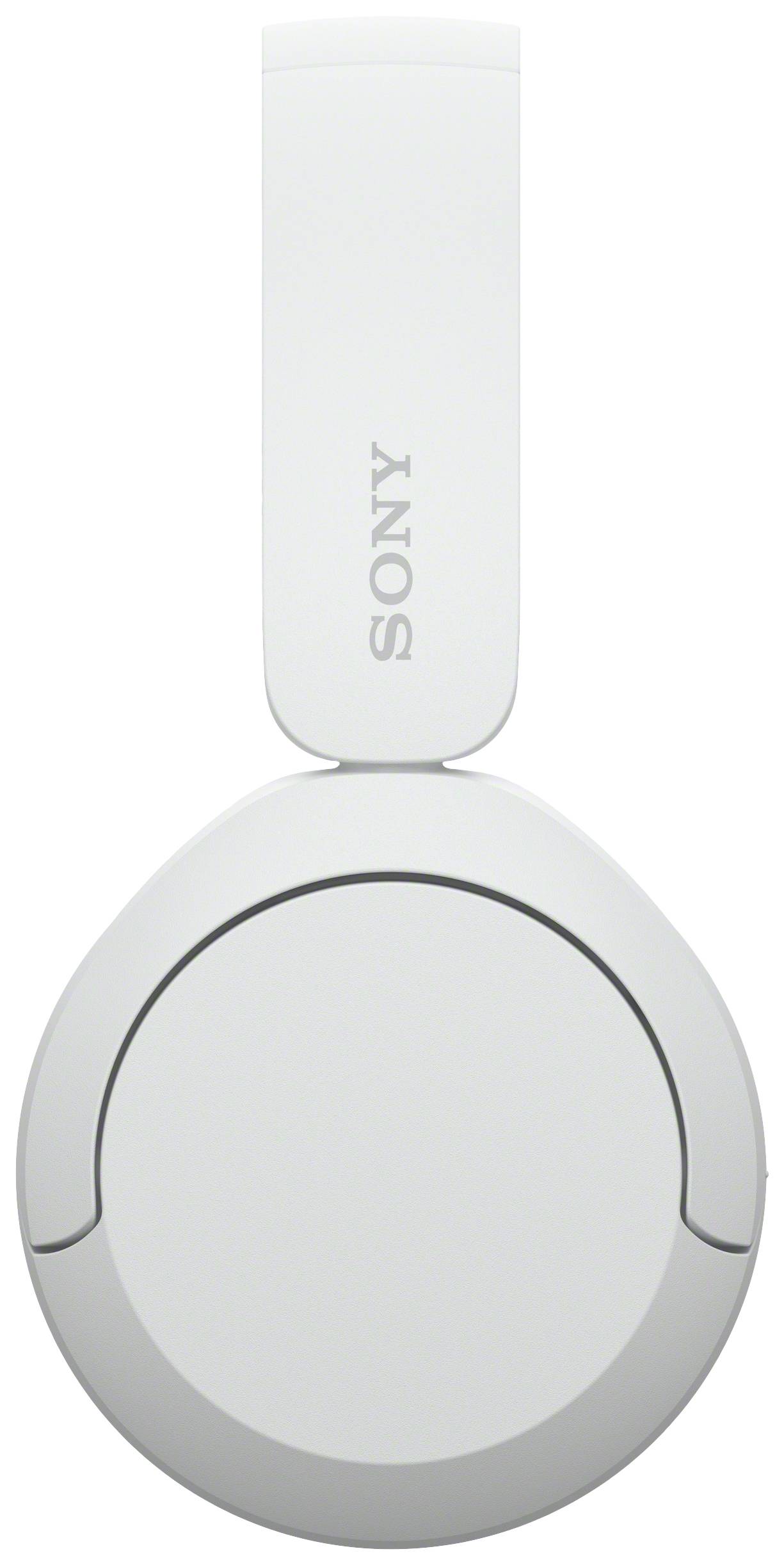 White Sony headphones, closed ear cups, minimalist design.