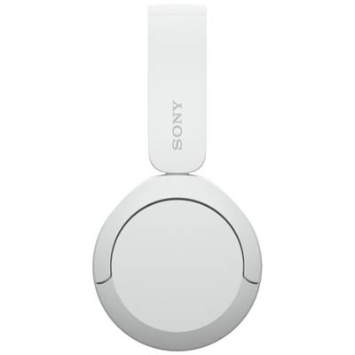 White Sony headphones, closed ear cups, minimalist design.