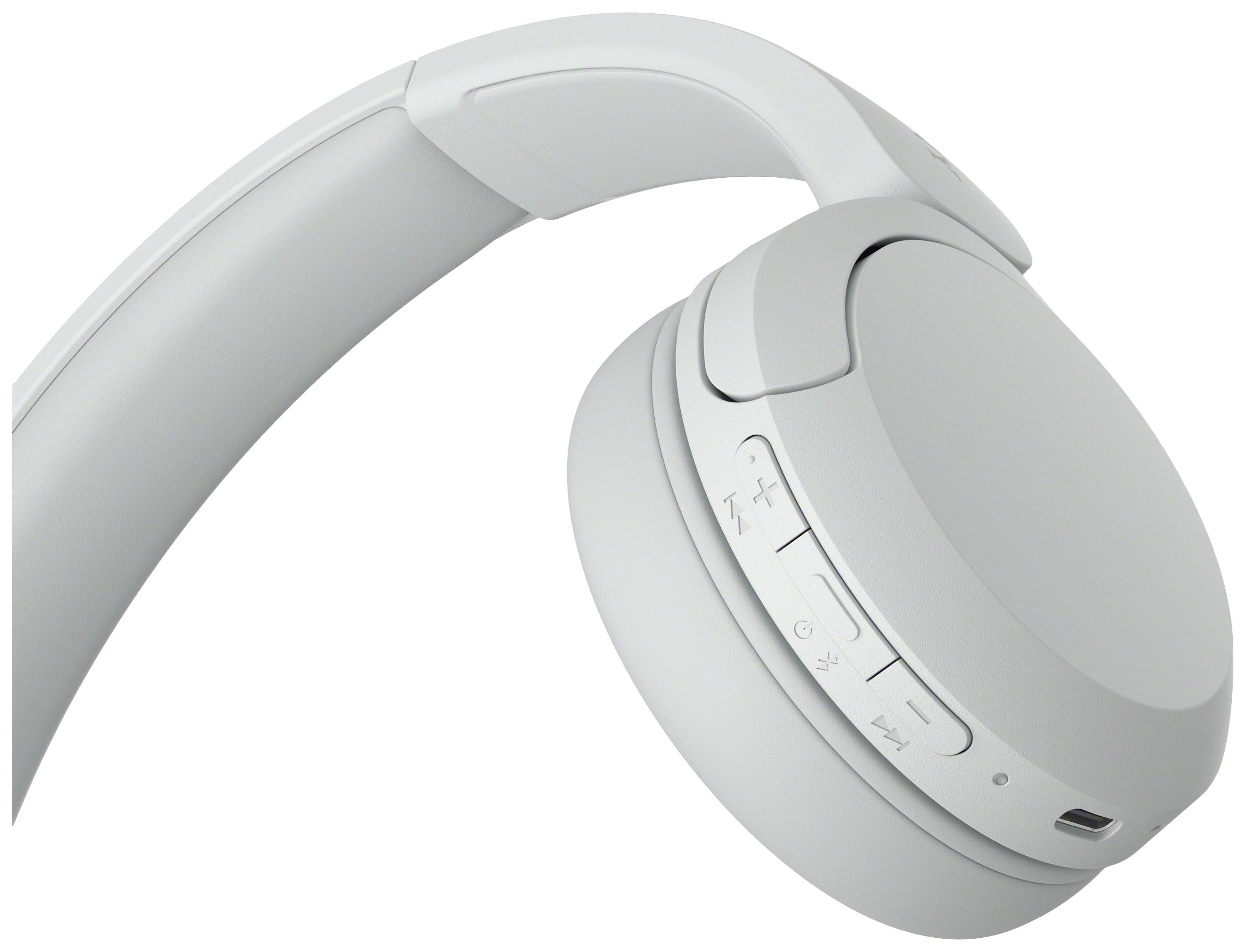 White wireless headphones with control buttons on the side of the earpiece, suitable for listening to music or making phone calls.