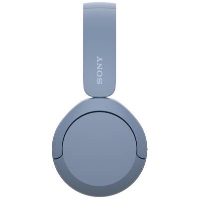 Blue over-ear headphones viewed from the side, marked with 'SONY' on the headband.