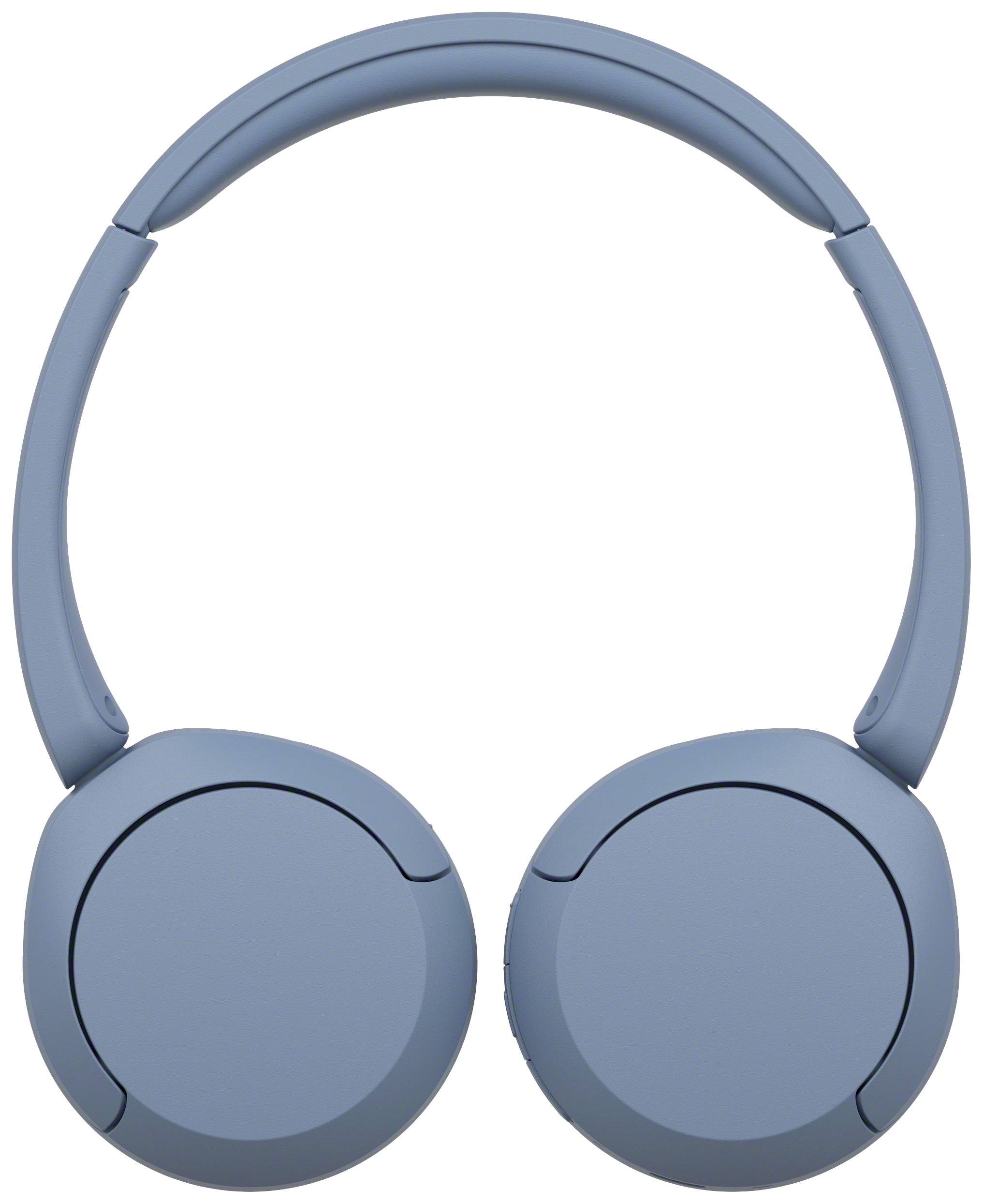 Blue wireless headphones with oval ear cups, standing upright, on a white background.