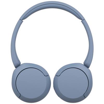 Blue wireless headphones with oval ear cups, standing upright, on a white background.