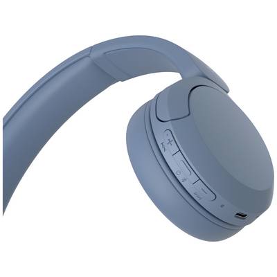 Blue wireless headphones with control buttons on the right ear cup.