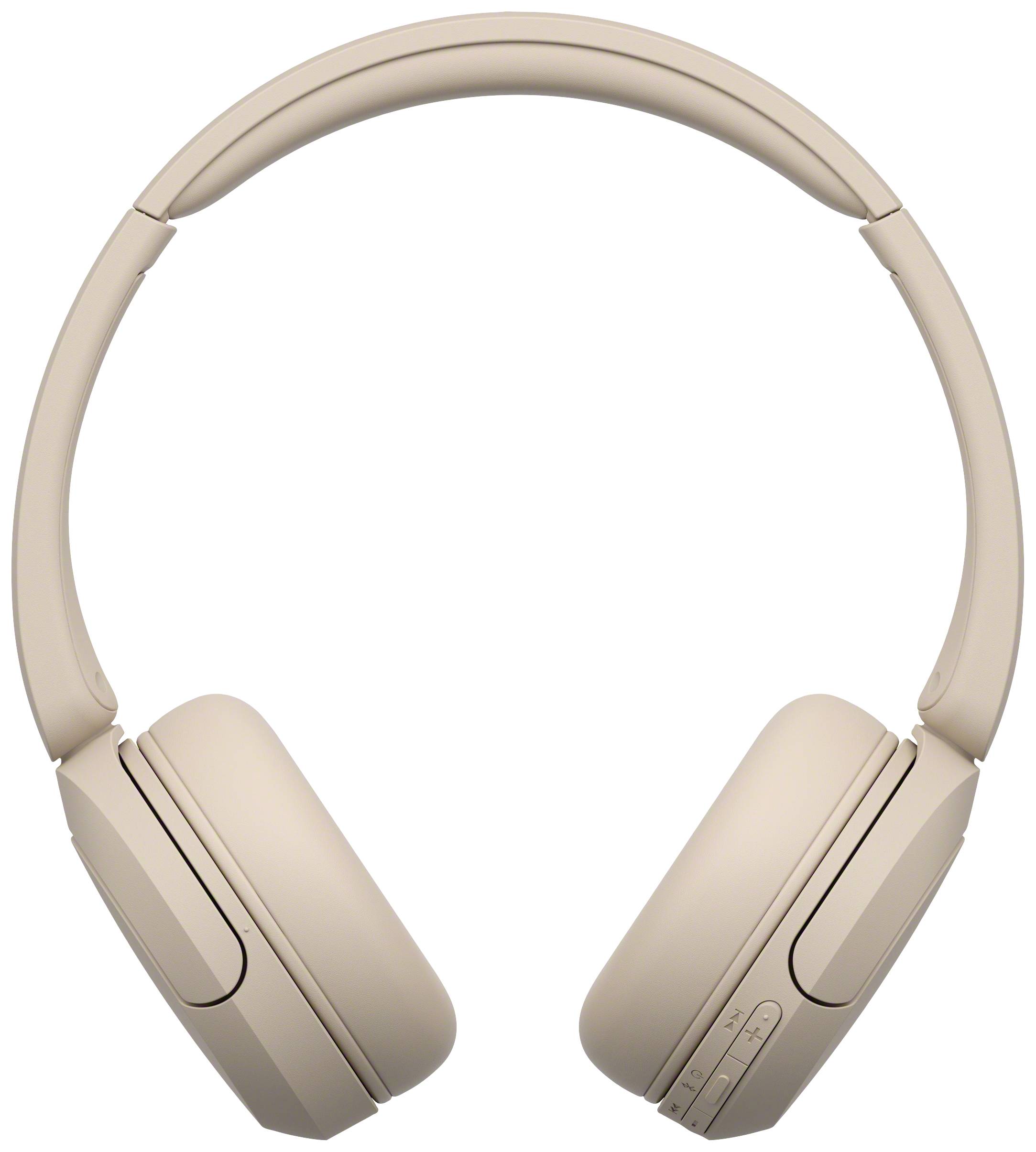 Beige wireless headphones with padding and control buttons on the right ear cup.