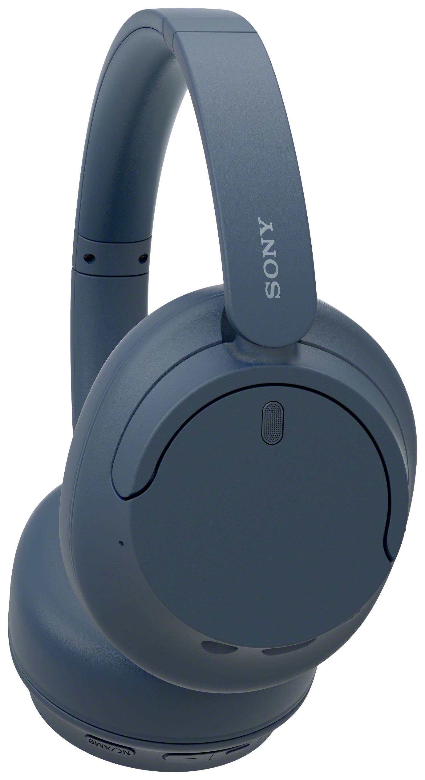 Wireless, blue over-ear headphones with noise cancellation, side view.