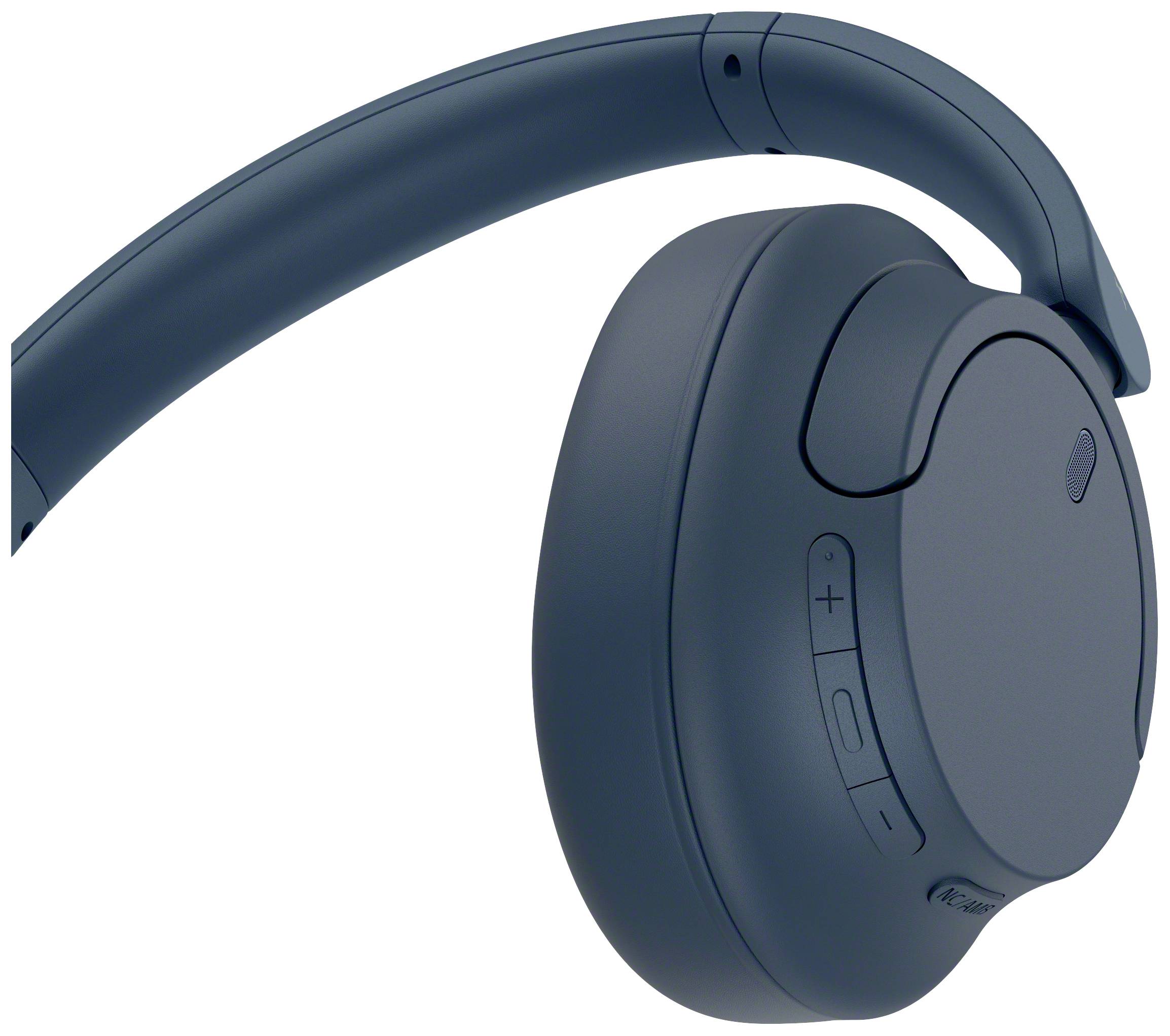Blue wireless headphones with volume and playback control buttons, side view.