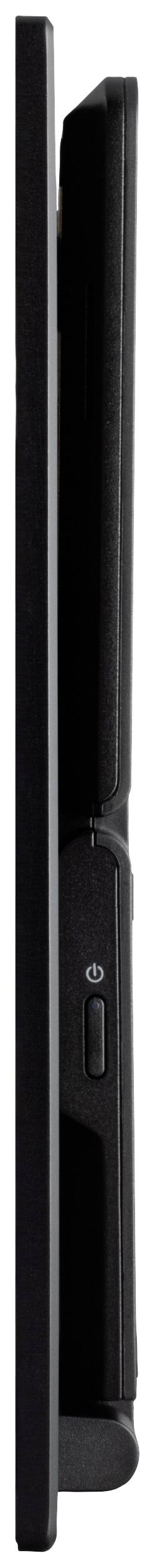 Side view of a sleek black laptop in its closed state, showing the elegant design and power button.