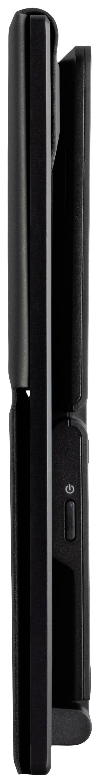 A black, folded hair straightener stands vertically with a visible power switch on its side.