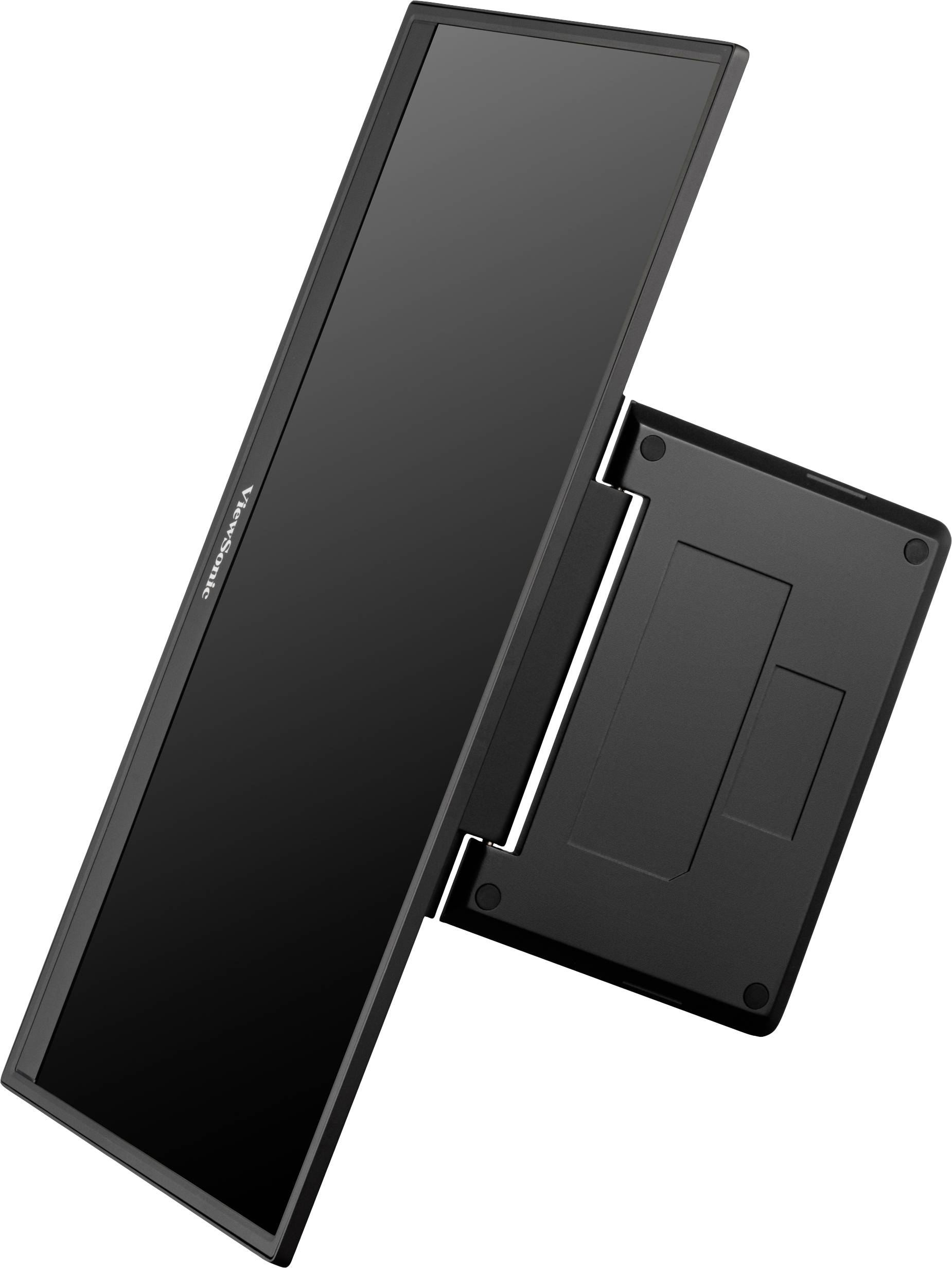 A portable, swivel monitor with a black bezel. The monitor is slightly tilted, displaying a smooth, glossy screen surface.