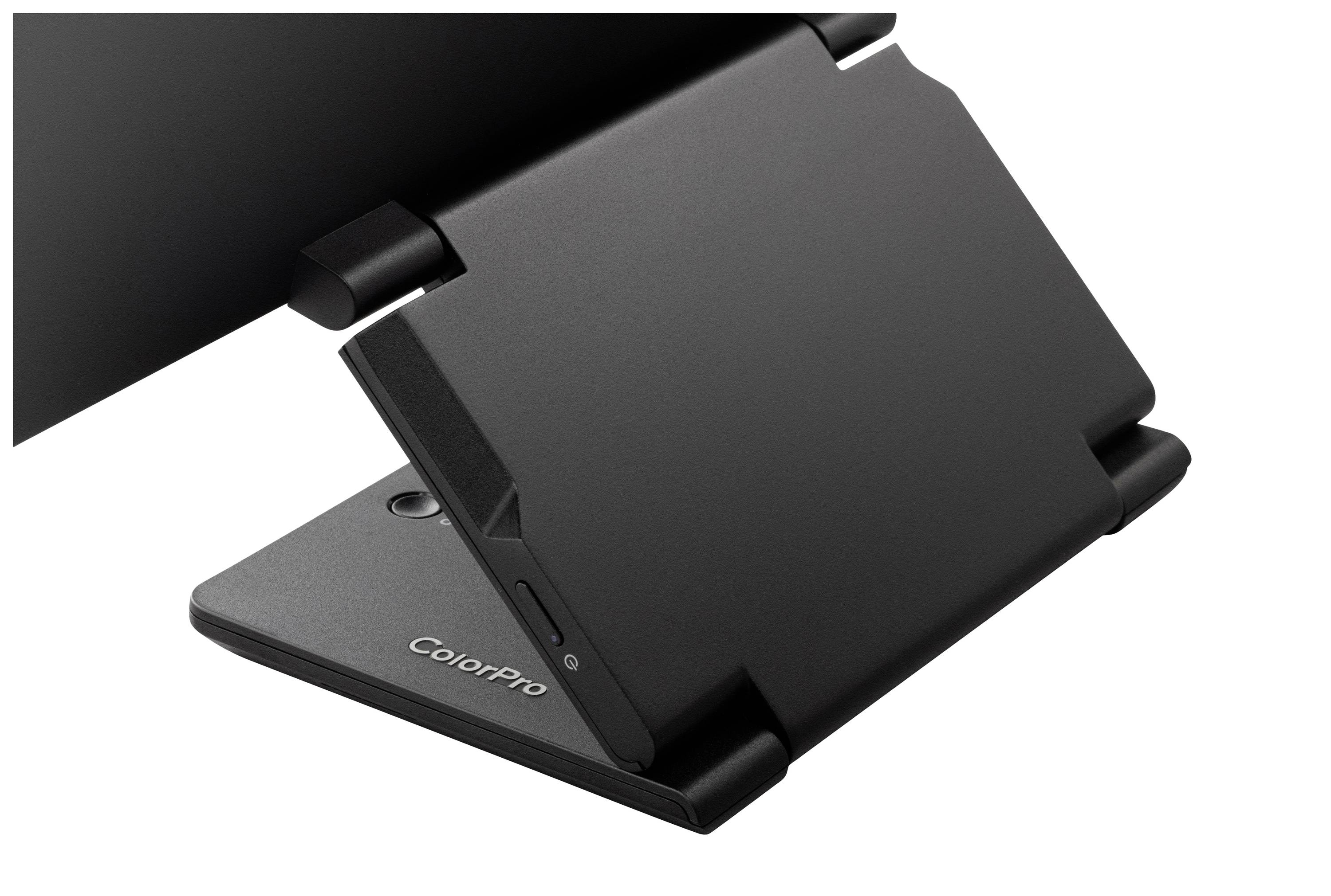 A black, foldable tablet stand from ColorPro viewed from the side.