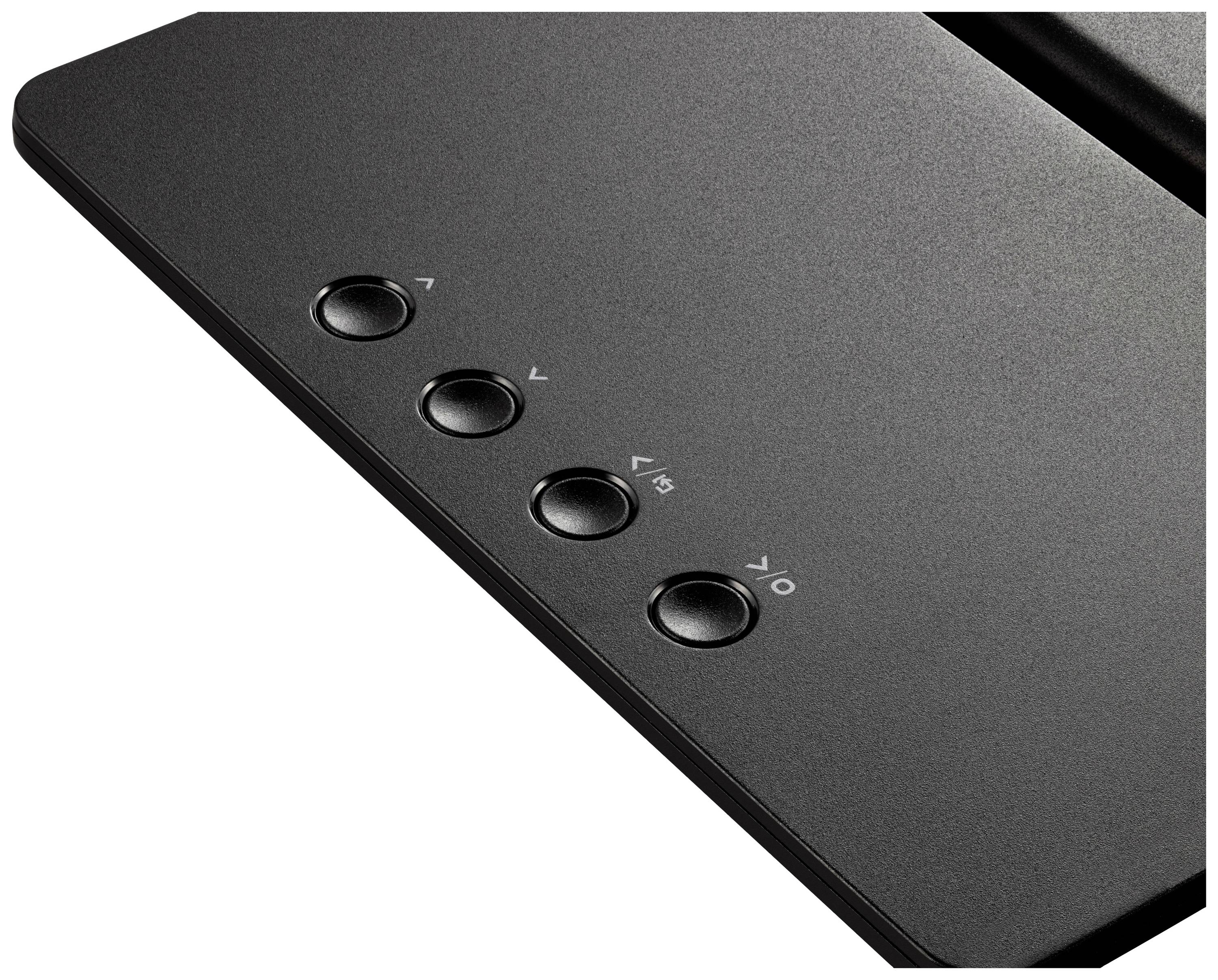 A black button with four round knobs marked with up and down arrow symbols and labelled '2.1' and '1.9'.