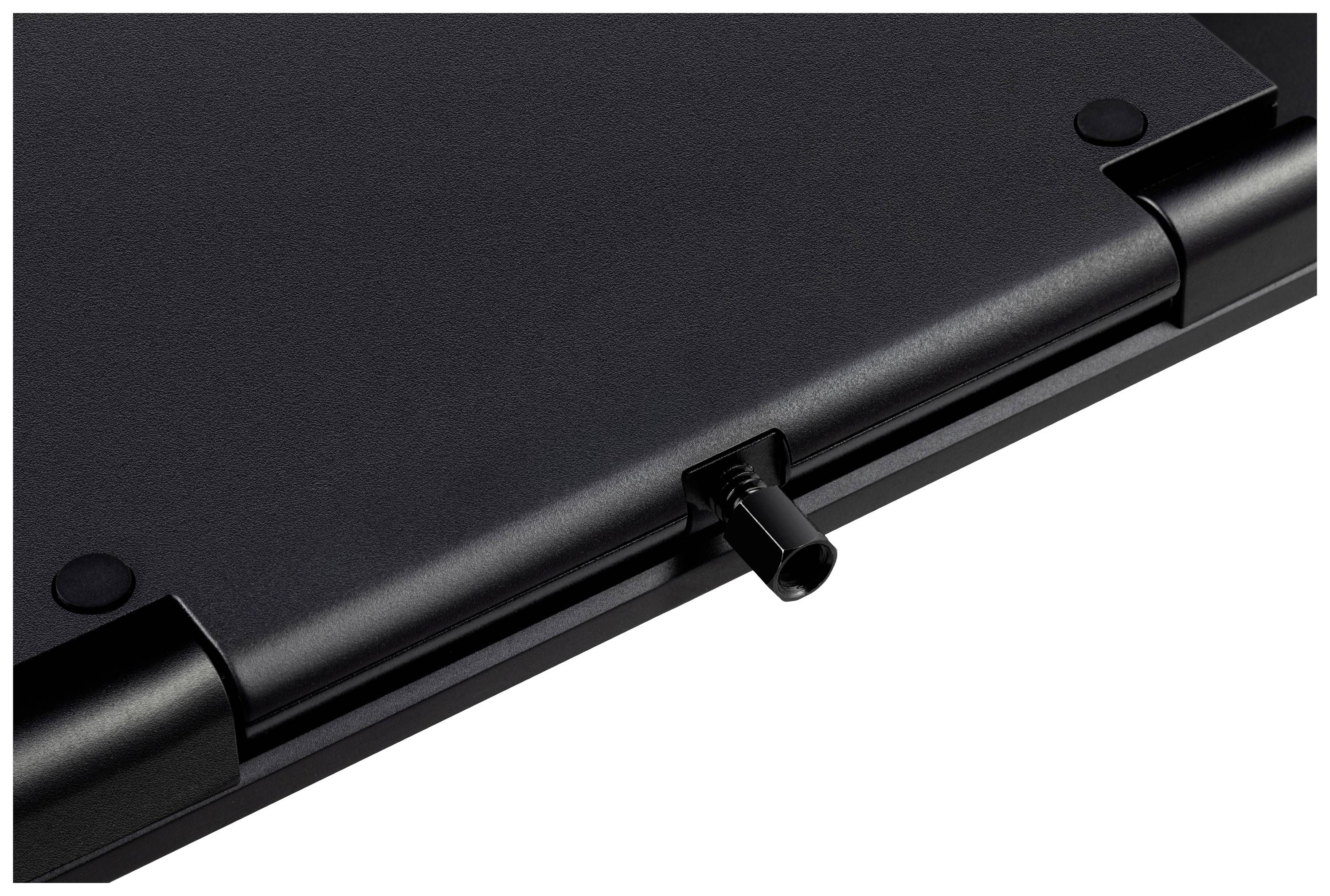 View of a black hinge with a protruding metal pin, possibly showing a furniture or device connection piece.