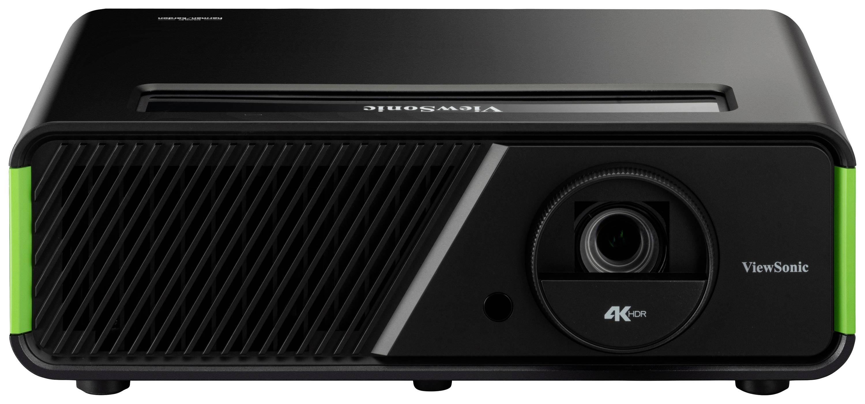 A black ViewSonic 4K projector with green accents, ventilation slots, and front lens. Suitable for high-resolution presentations.