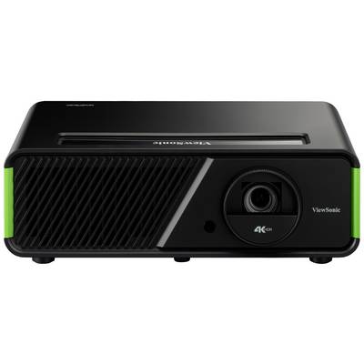 A black ViewSonic 4K projector with green accents, ventilation slots, and front lens. Suitable for high-resolution presentations.