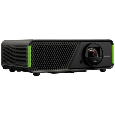A black 4K projector with green accents, positioned at an angle. A large lens and 'ViewSonic 4K+' are visible on the front.