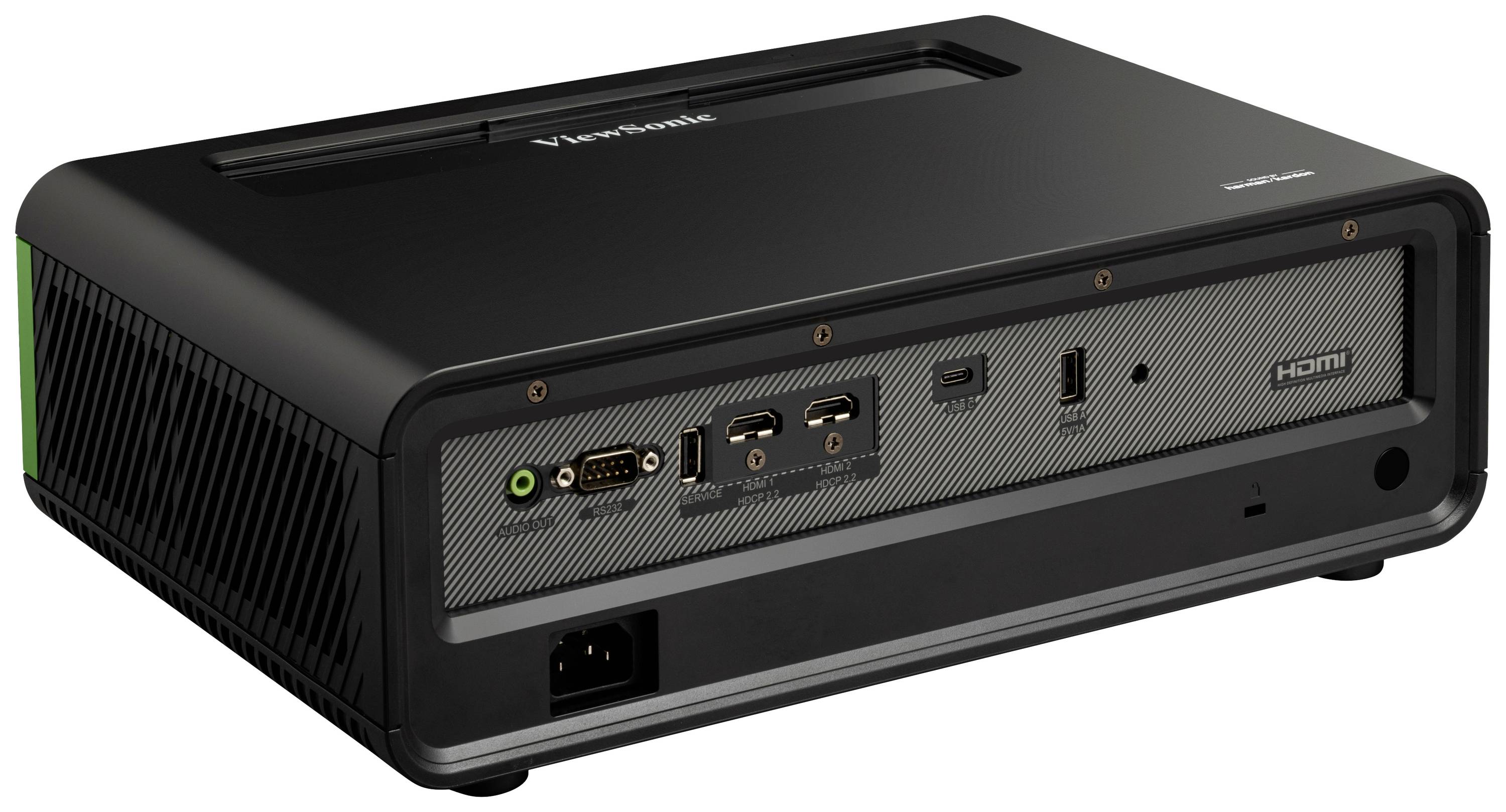 Back of a black multimedia projector with various connection options, including HDMI, USB and audio.
