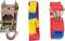 A red tension strap with metal hooks and a ratchet, suitable for securing loads. The strap has yellow and blue edging.