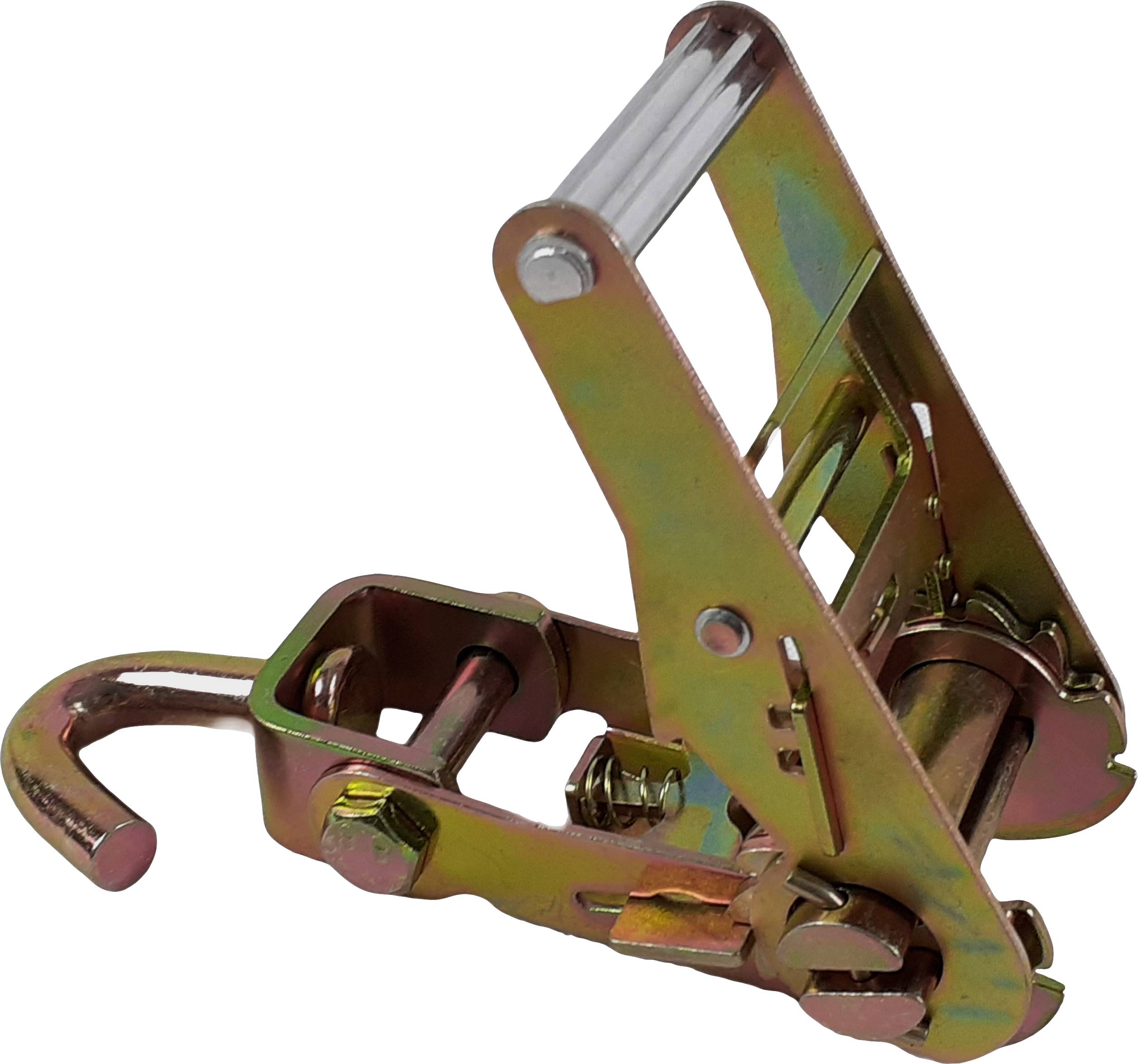 Metal ratchet strap with hook, used for securing and tensioning loads during transport.