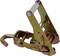Metal ratchet strap with hook, used for securing and tensioning loads during transport.