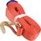 Red tensioning strap with metal hook, used for securing loads.