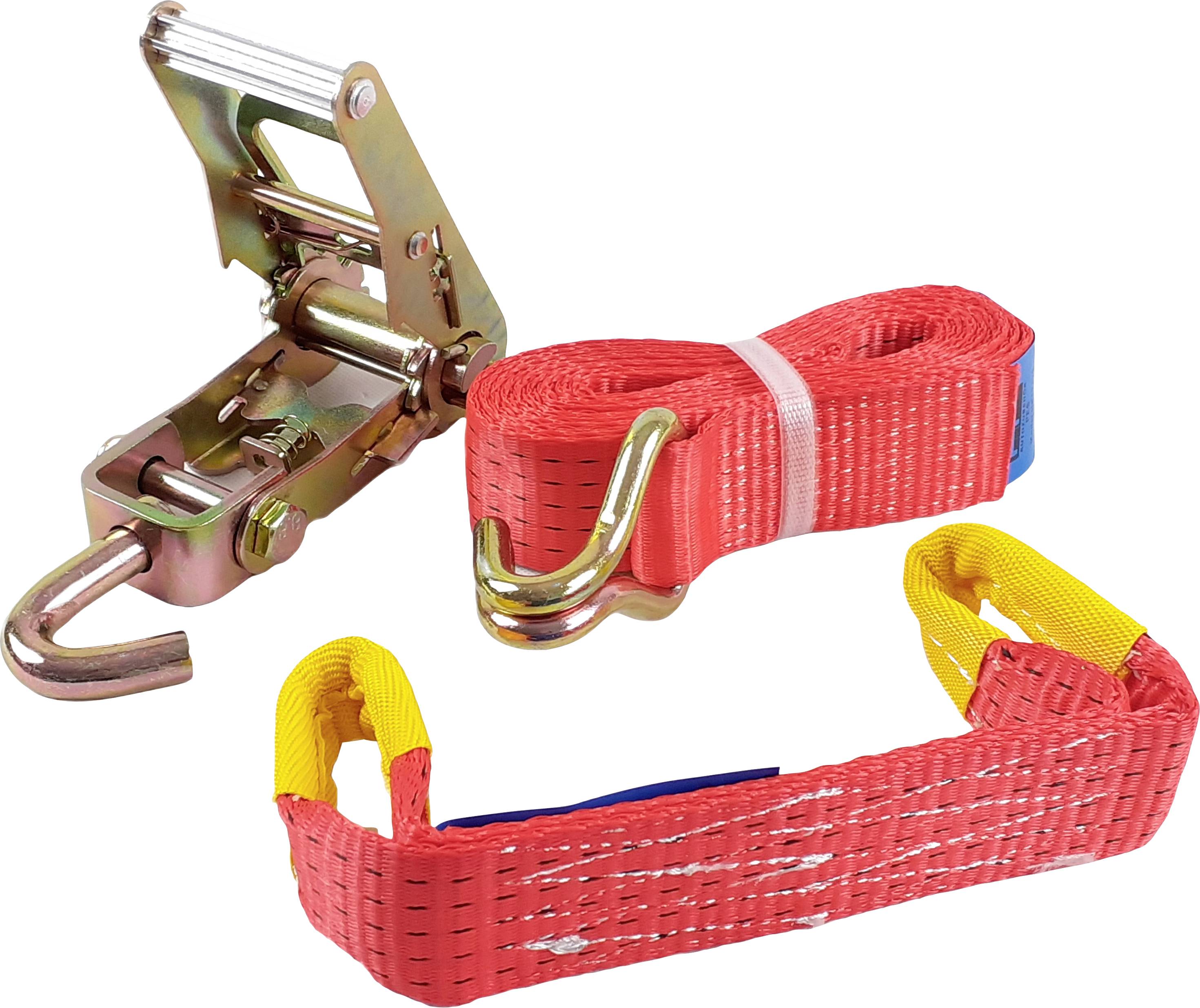 A red tie-down strap set with a metal ratchet mechanism, a long red webbing strap, and a shorter strap with yellow protective padding.