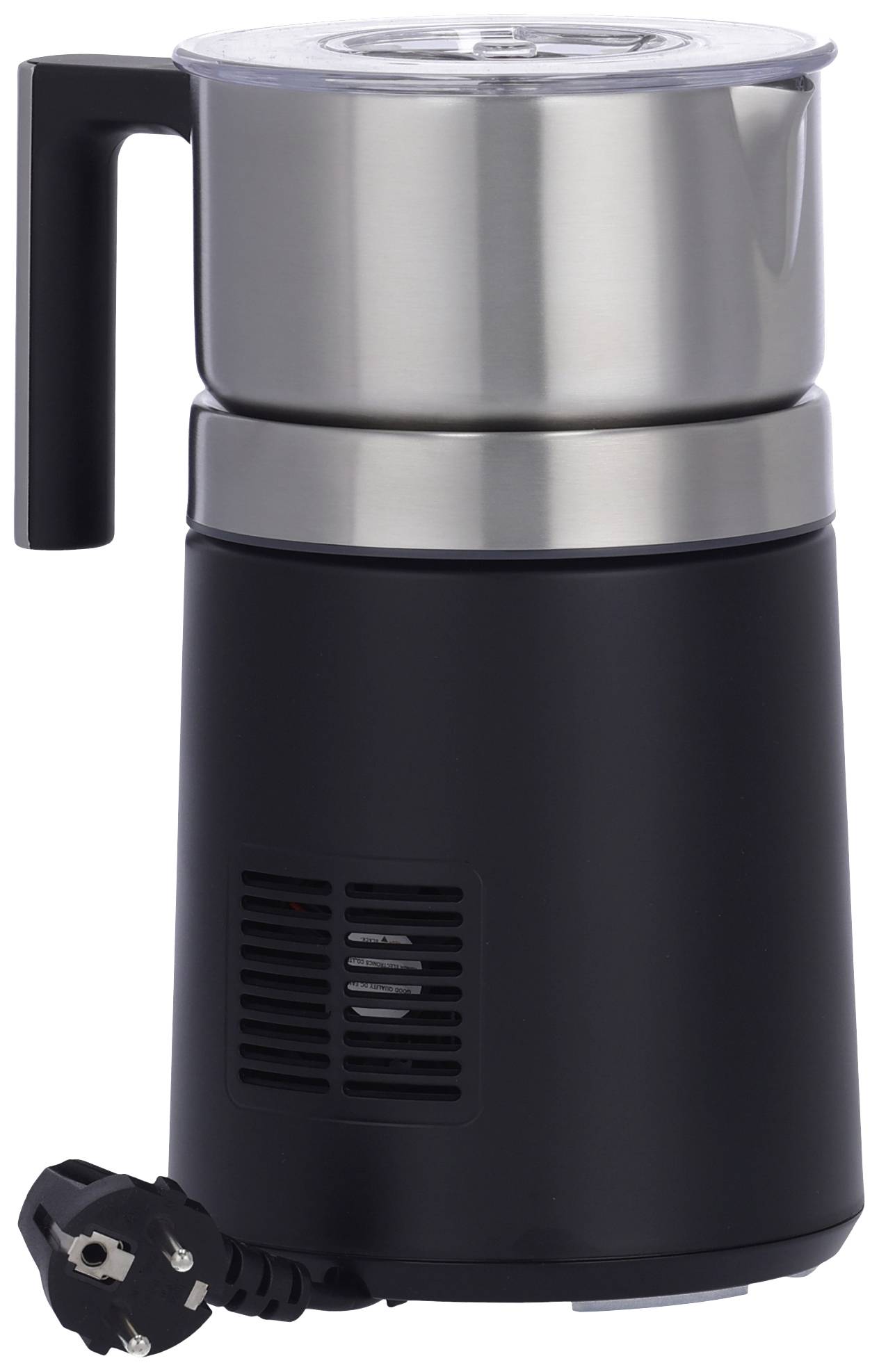 Electric milk frother with a black casing and silver attachment, suitable for heating and frothing milk.