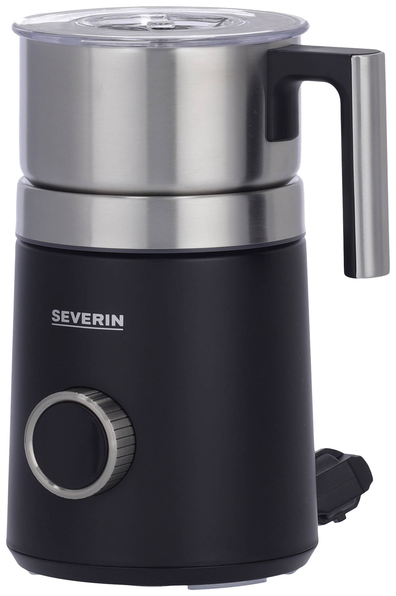 Electric milk frother in matte black design with a handle on the right. Upper section made of stainless steel with a transparent lid.