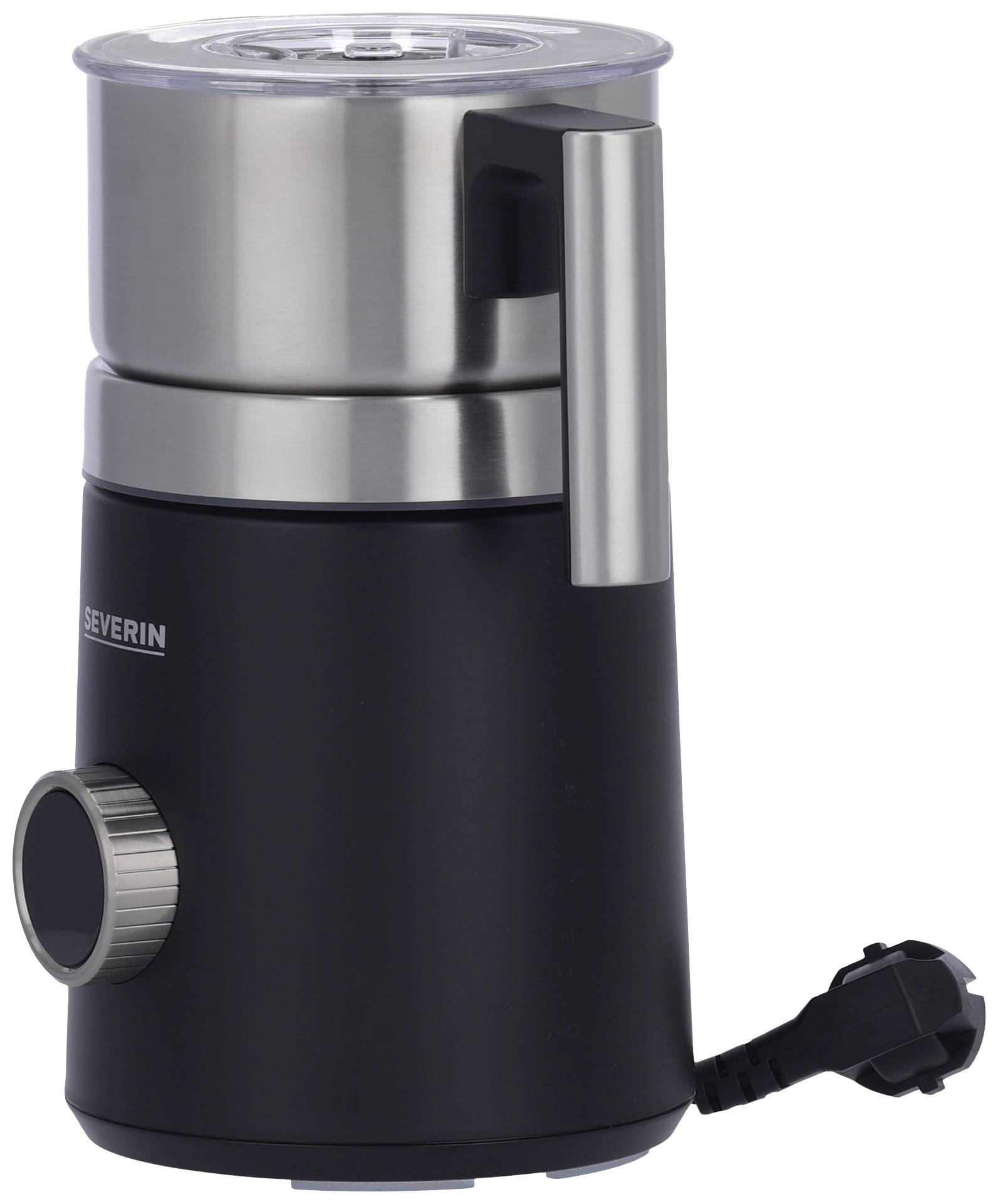 Electric milk frother in black and silver with on/off switch and removable jug.