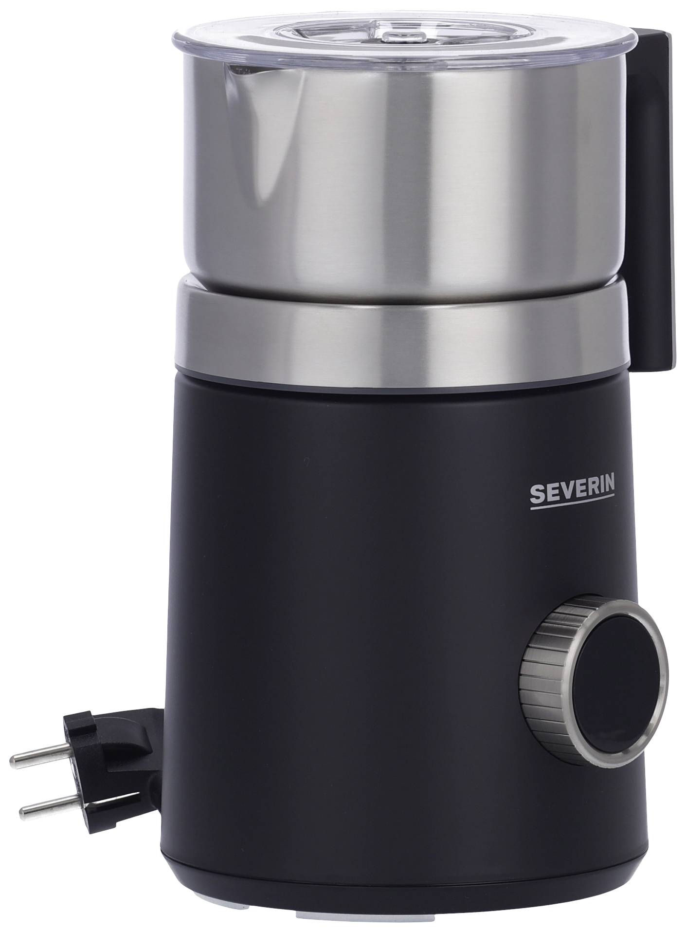 Electric milk frother in black and silver by Severin, with power cord and rotary dial on the front.