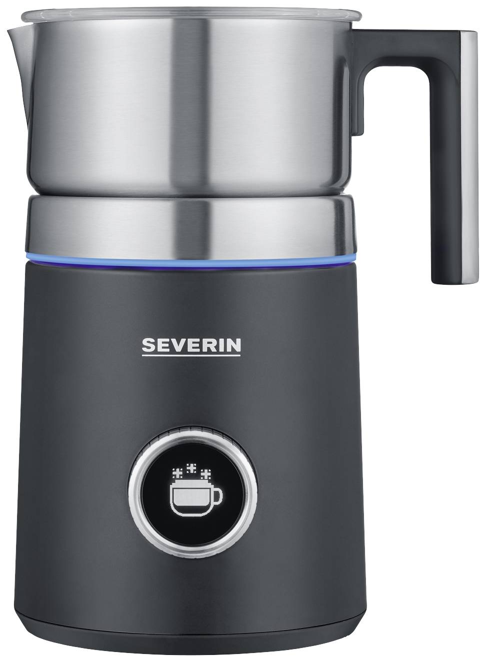 A black electric milk frother by Severin, with a stainless steel attachment and control button at the front, for heating and frothing milk.