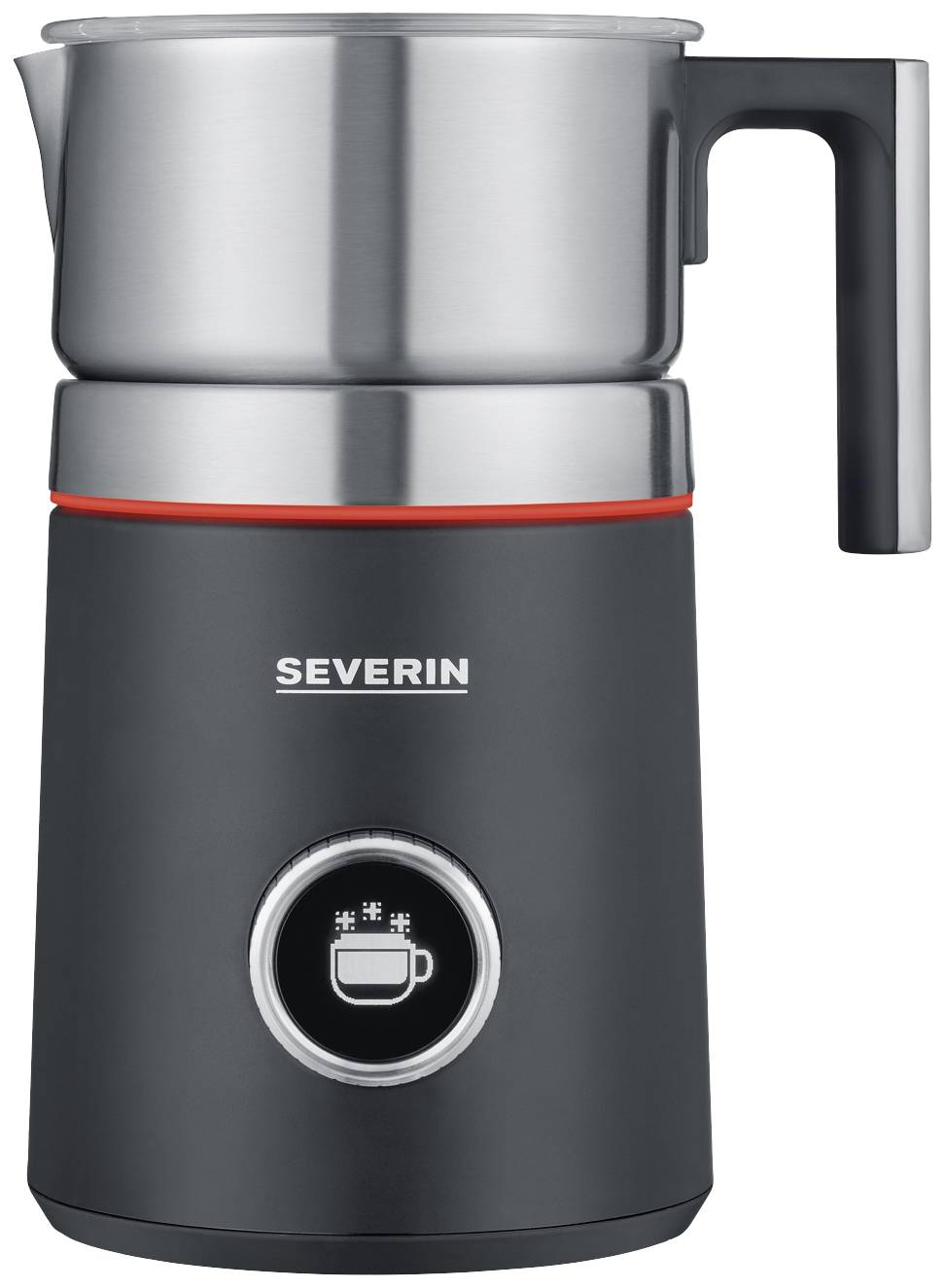 Electric milk frother in black and silver with a control button in the centre and the 'Severin' brand on the front.