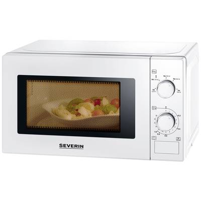 Microwave with digital display and rotary dials, which heats food in a container.