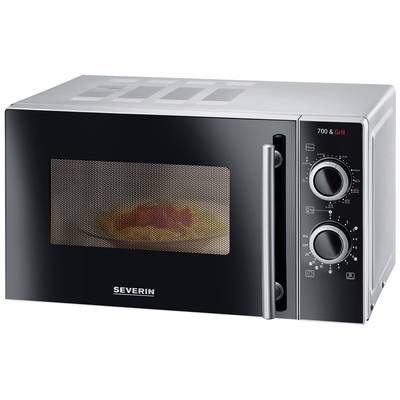 A black microwave with silver details and two rotary dials on the right side. A plate with food is inside.