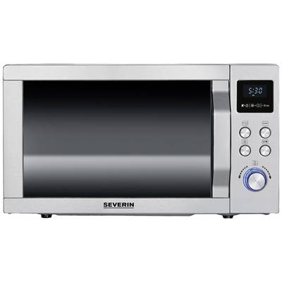 Silver microwave with digital clock display and multiple buttons for settings.