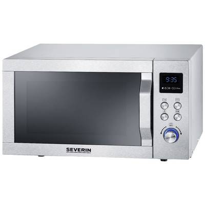 Silver microwave with digital clock display, showing 9:35. Five control buttons and a rotary dial are visible. Brand: Severin.