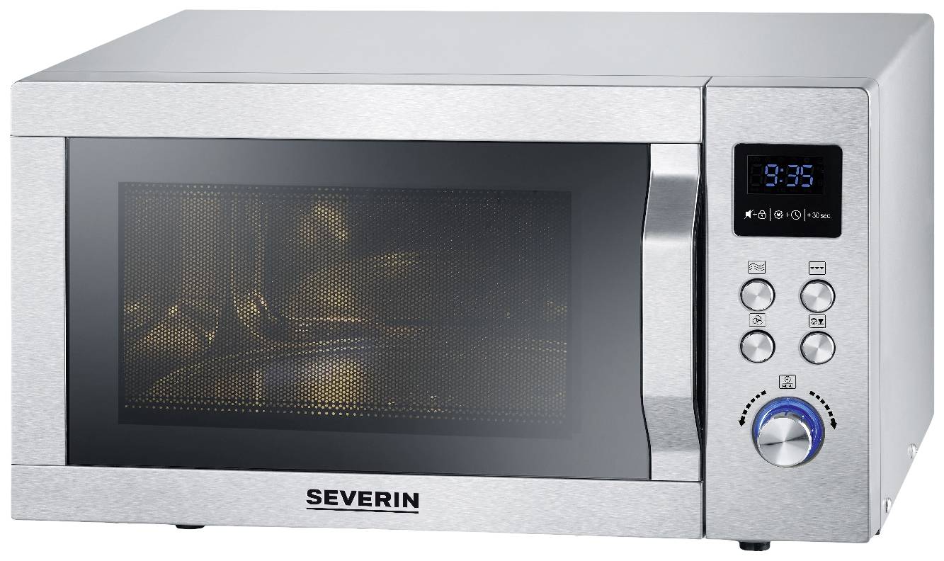 Stainless steel microwave with digital control buttons, clock display showing '9:35' and marked controls for various programmes on the right-hand side.