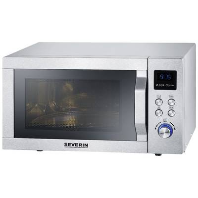Stainless steel microwave with digital control buttons, clock display showing '9:35' and marked controls for various programmes on the right-hand side.