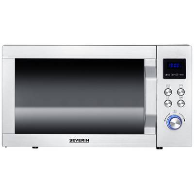 Silver microwave with a digital display in the top right corner, showing '19:00'. Several control buttons underneath. Brand 'Severin'.