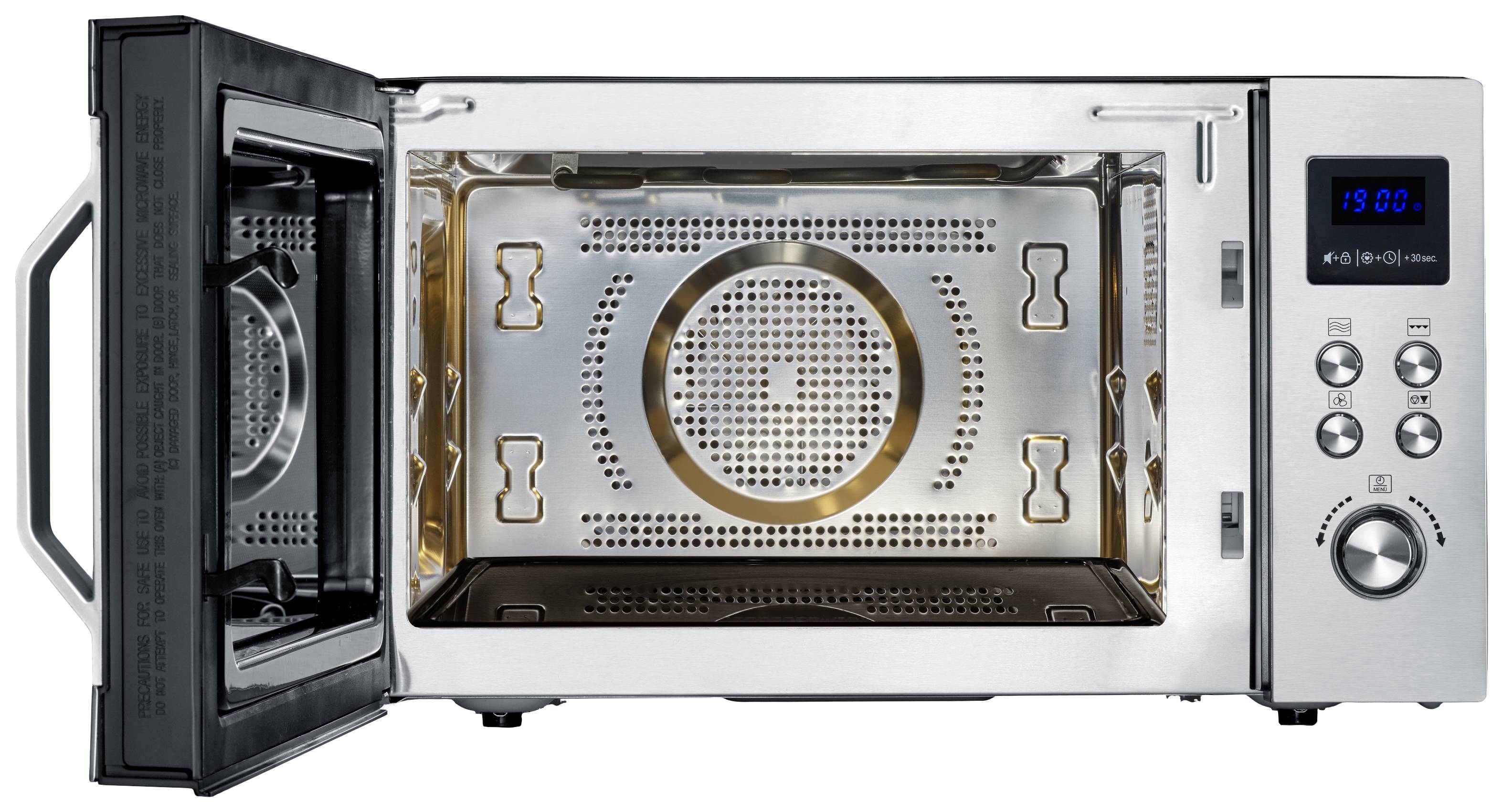 Silver microwave with an open door. The interior with a turntable and the control panel with digital controls are visible.