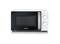 White microwave with black door, two control knobs on the right. Severin branding. Primarily used for heating food.